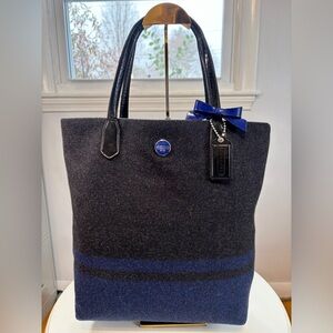 Coach North South Wool Tote Cobalt & Grey w/ Black Patent Leather trim F24665